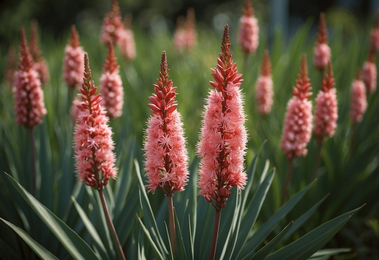Red yucca plants bloom in late spring or early summer, producing tall stalks of vibrant red or pink tubular flowers amidst their long, slender green leaves