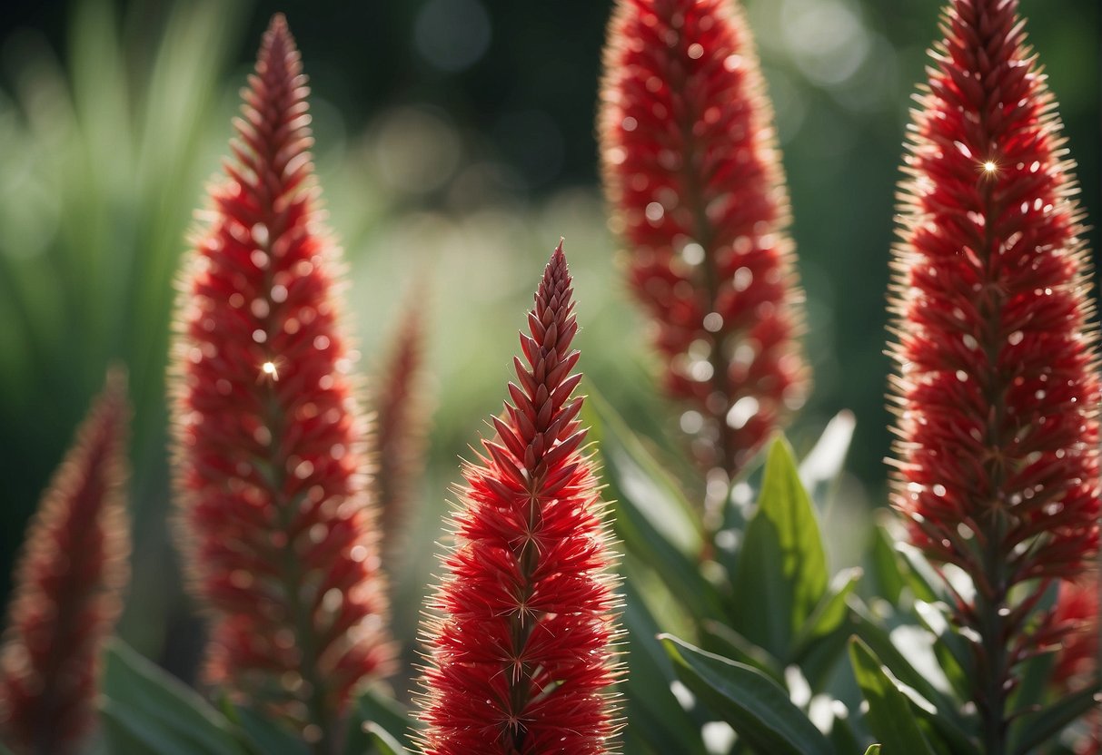 A red yucca plant blooms with long, slender stalks of vibrant red flowers against a backdrop of spiky, green leaves