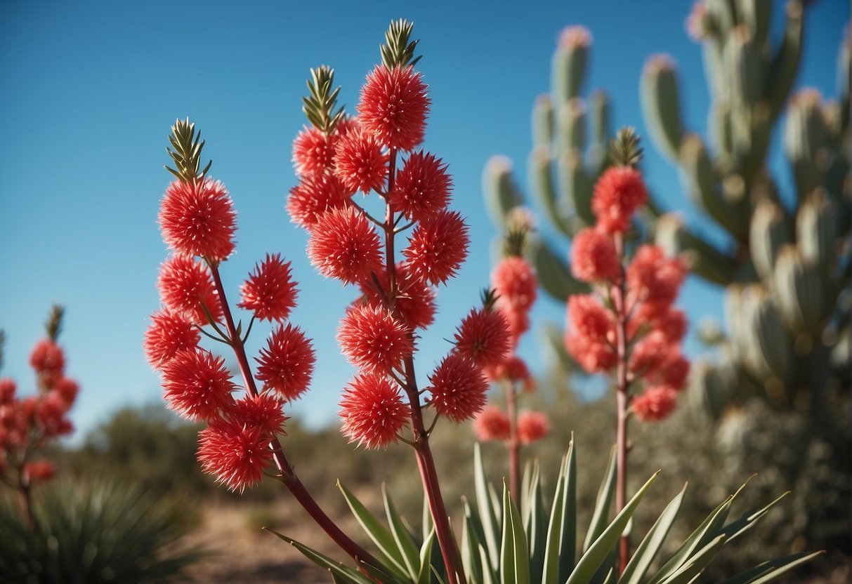 A red yucca plant in full bloom, with vibrant red flowers and long, slender green leaves, standing tall against a clear blue sky