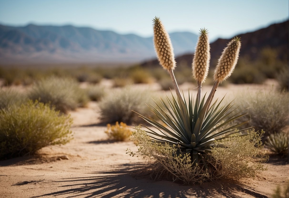 A desert landscape with sandy soil, rocks, and sparse vegetation. A tall yucca plant stands prominently, with long, sword-like leaves and a tall, flowering stalk