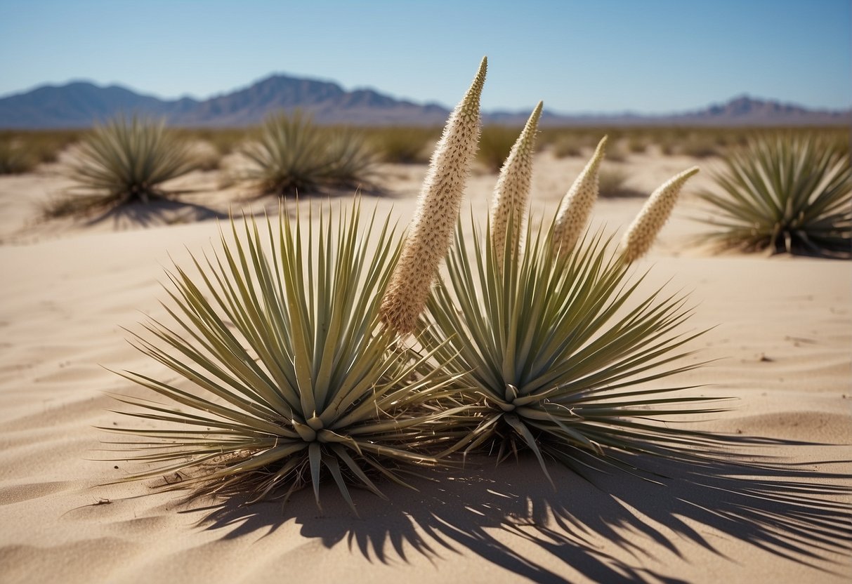 A desert landscape with yucca plants scattered across sandy terrain under a clear blue sky