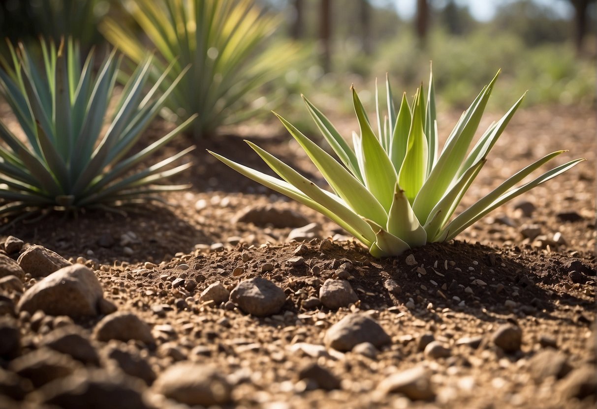 A bright, sunny day with a yucca plant basking in the sunlight, surrounded by well-draining soil and mulch. A gentle breeze rustles its long, sword-shaped leaves, while a watering can sits nearby