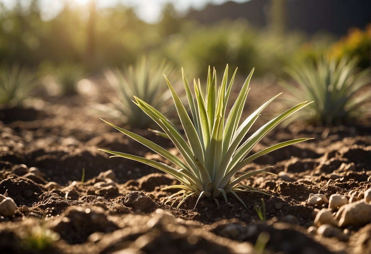 Sunny, well-drained soil with minimal watering. Yucca plants thrive in full sun and require little maintenance for healthy growth