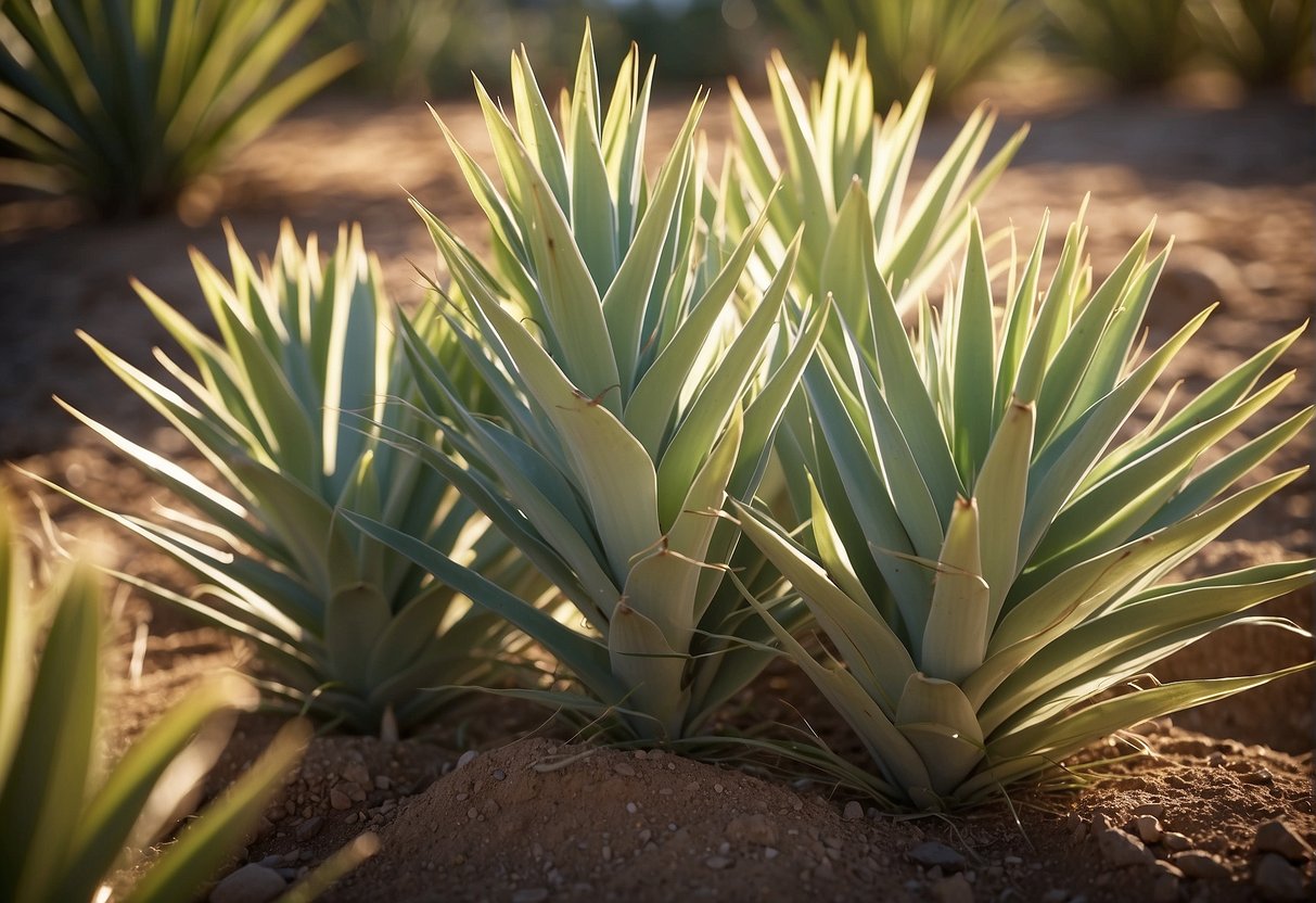 A thriving outdoor yucca plant surrounded by well-draining soil, receiving ample sunlight, and protected from extreme weather conditions