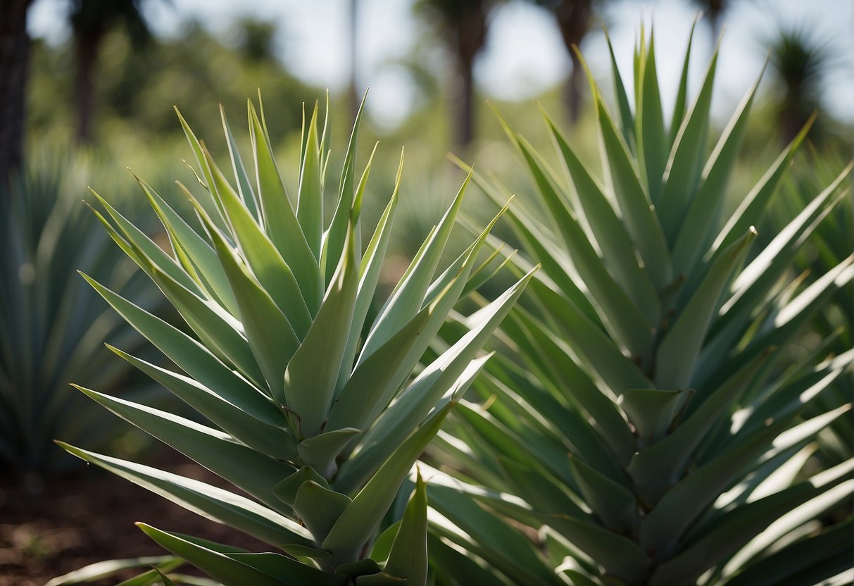 The yucca plants are a vibrant shade of green, with long, sword-like leaves reaching towards the sky