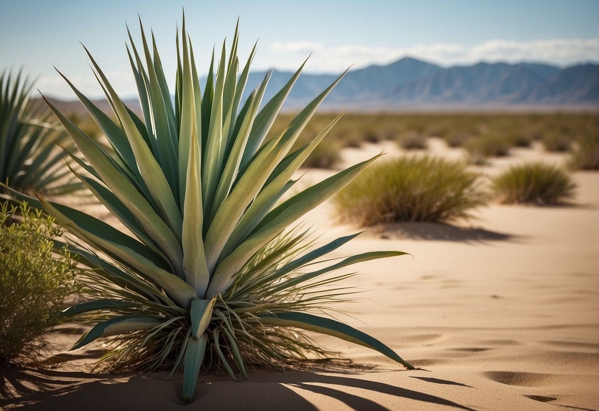 A vibrant green yucca plant stands tall against a backdrop of sandy desert soil, with its long, sword-shaped leaves reaching towards the sky