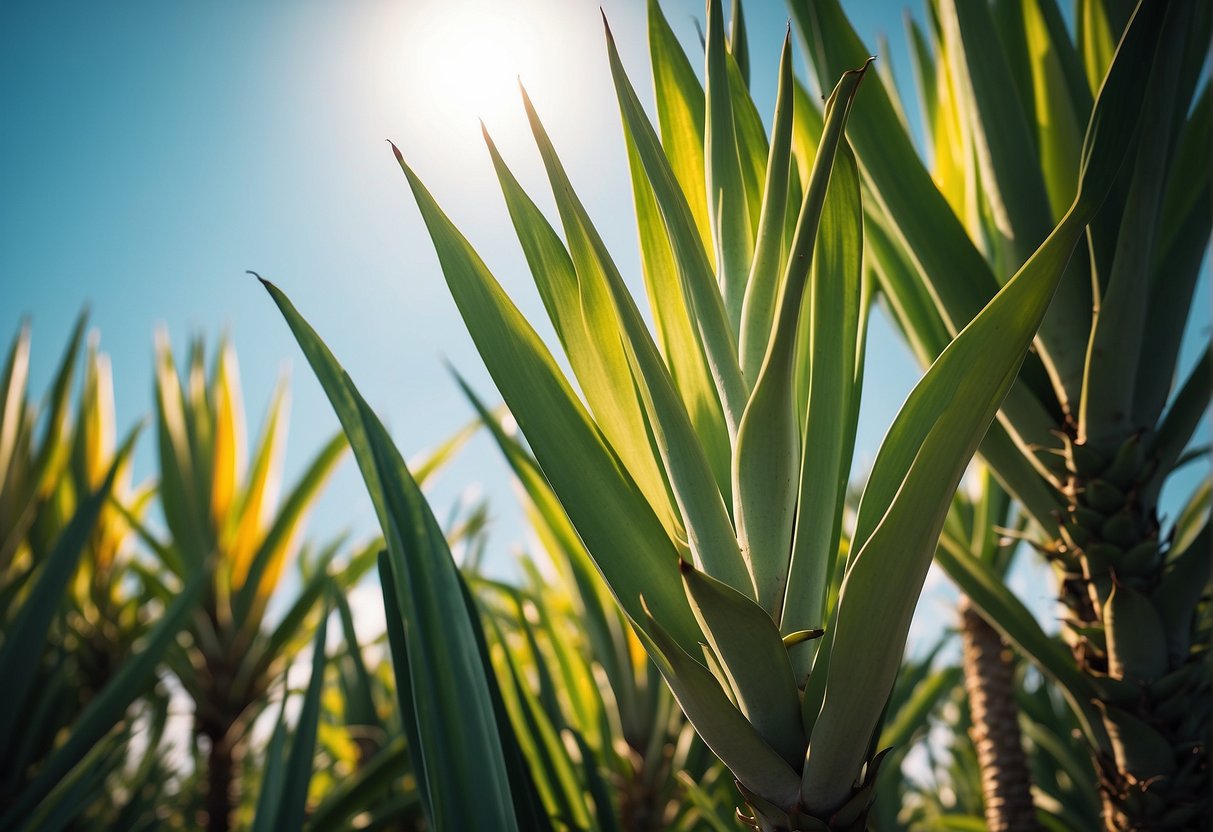 A vibrant yucca plant stands tall, with long, sword-like leaves in shades of green and yellow, reaching towards the sky