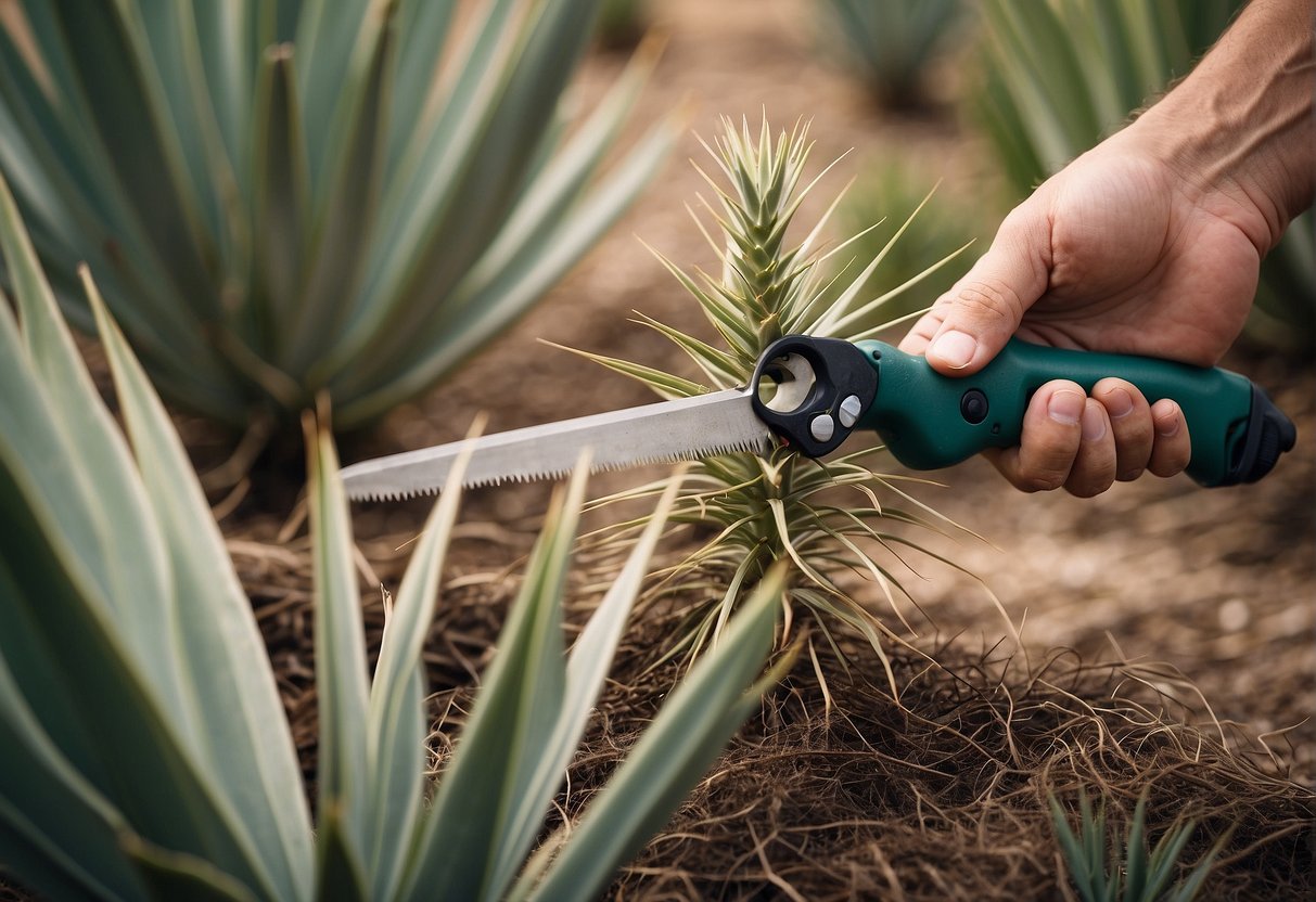 A sharp tool slices through yucca plants, removing limbs and leaves
