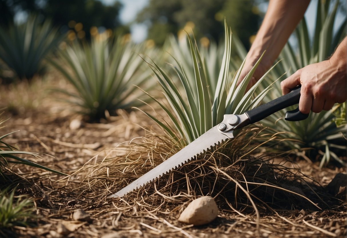 Yucca plants being trimmed with garden shears. Branches and leaves falling to the ground