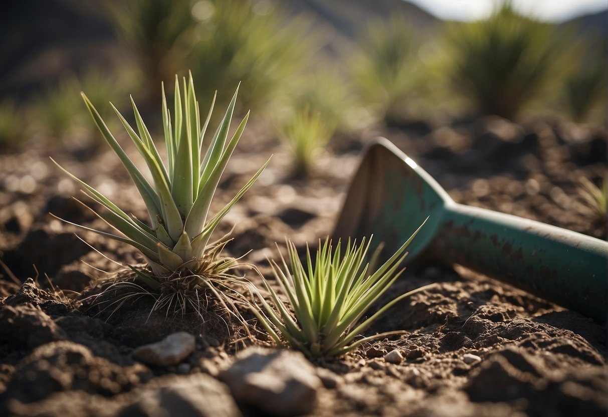 Yucca glauca plants being uprooted and removed from the ground with a shovel