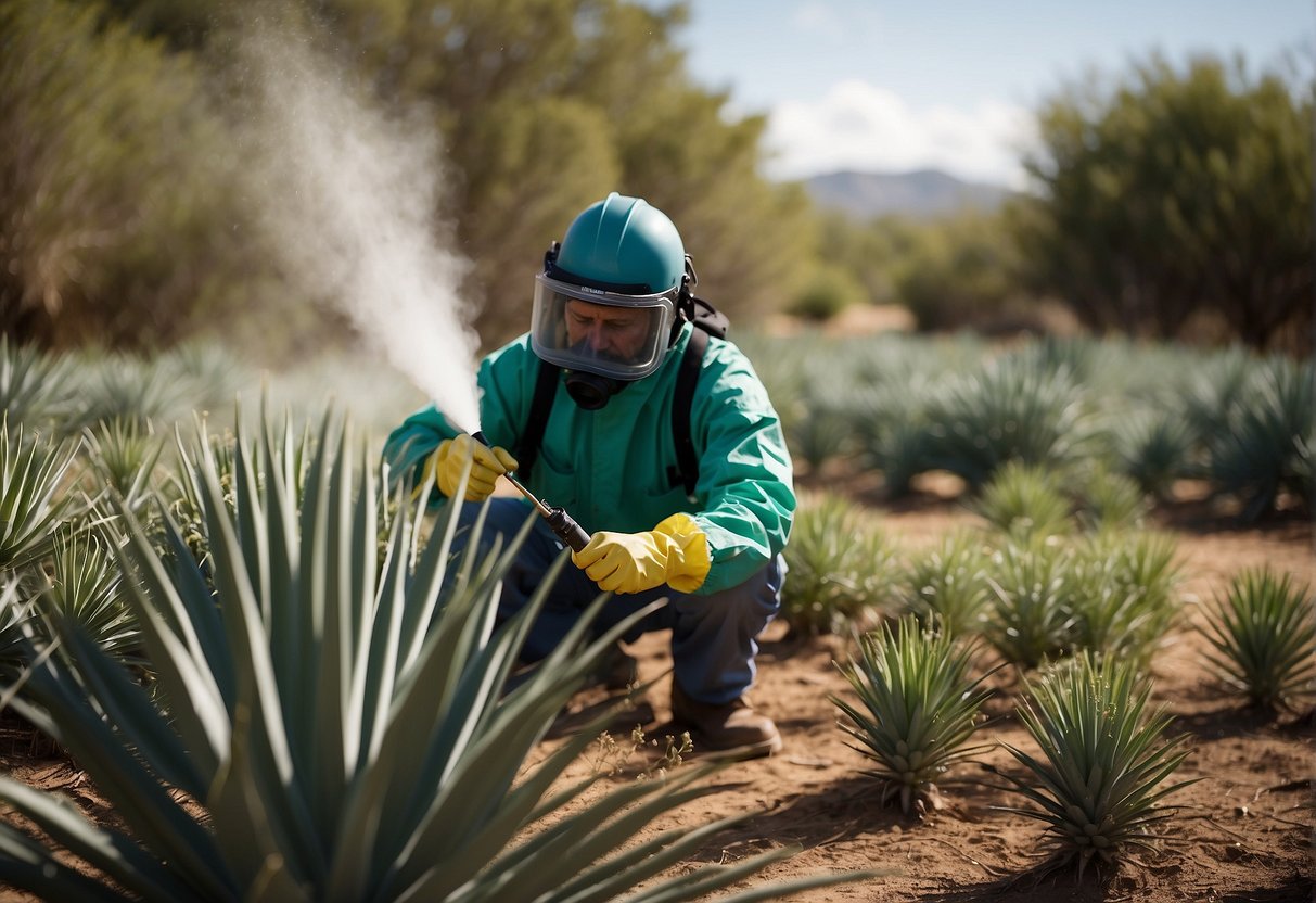 Yucca glauca plants being sprayed with chemical herbicide, surrounded by warning signs and protective gear