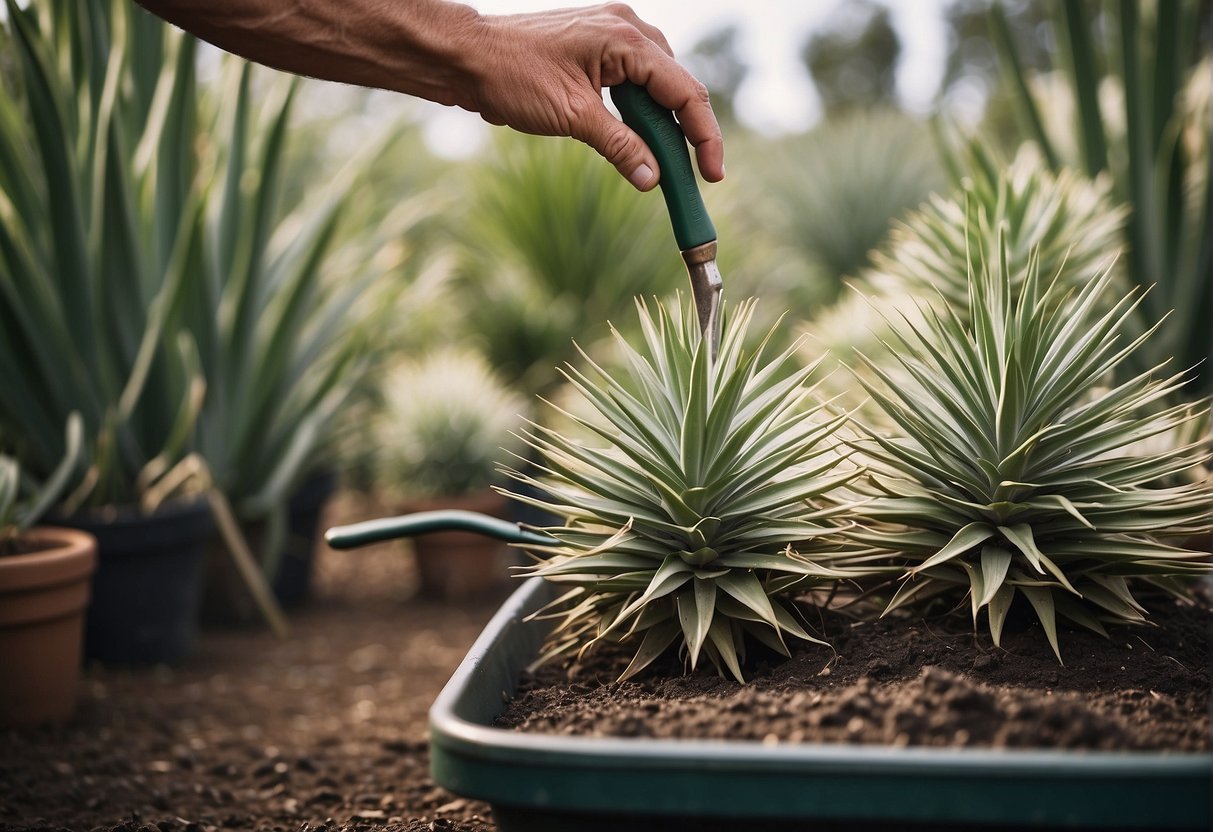 Yucca plants being lifted and separated with gardening tools