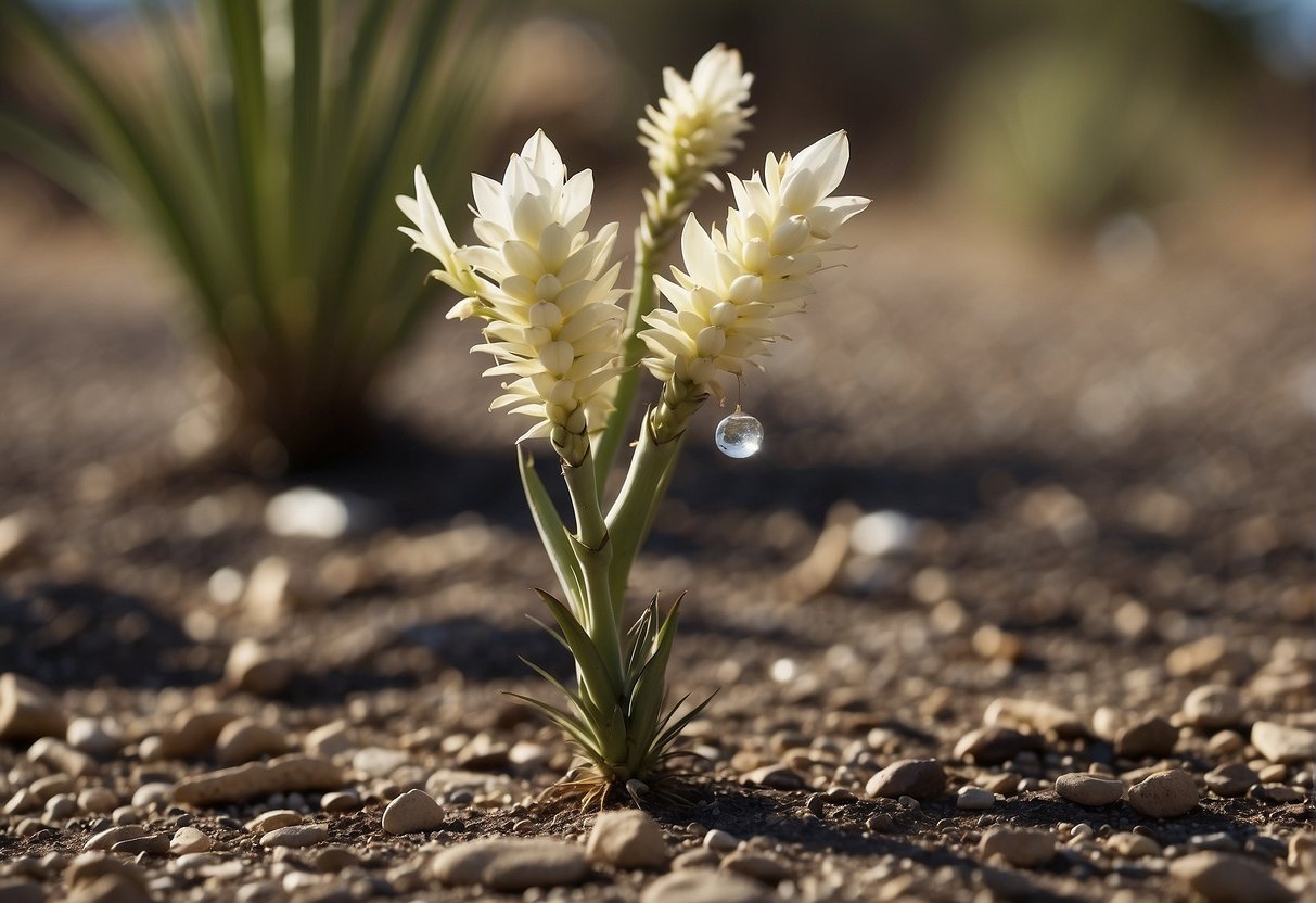 A broken yucca flower hangs limp, petals scattered on the ground. The plant stands tall, with other buds waiting to bloom