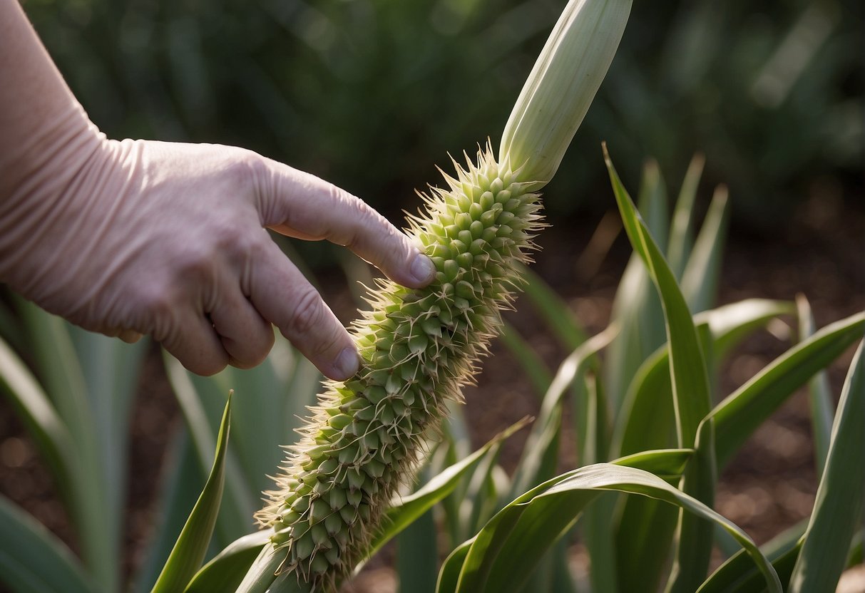 A yucca flower stalk, broken but not yet flowering, is being supported and gently tended to by a pair of gardening gloves