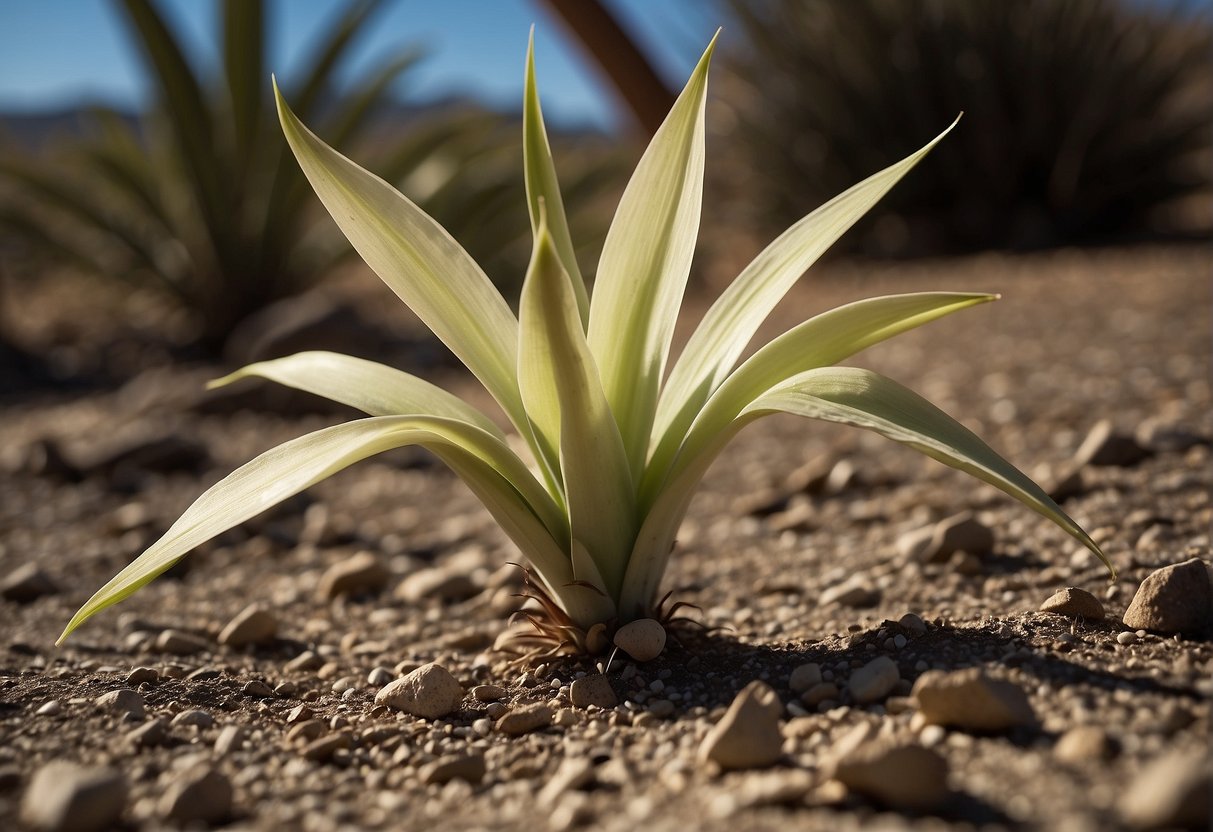 A broken yucca flower lies on the ground, its stem snapped. The plant stands tall in the background, with no blooms in sight