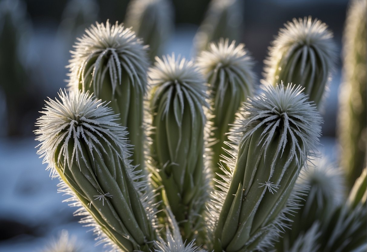 Yucca plants shiver in the cold, their leaves curling tightly to conserve warmth. Frost clings to their spiky edges, creating a delicate, icy pattern
