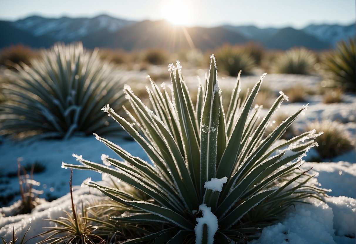 A yucca plant survives in cold temperatures, with snow covering the ground and frost on the leaves