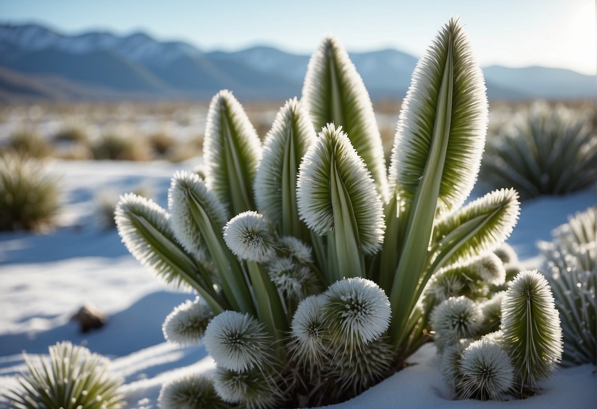 Yucca plants stand resilient in a snowy landscape, their sturdy leaves dusted with frost, as the cold temperature tests their hardiness