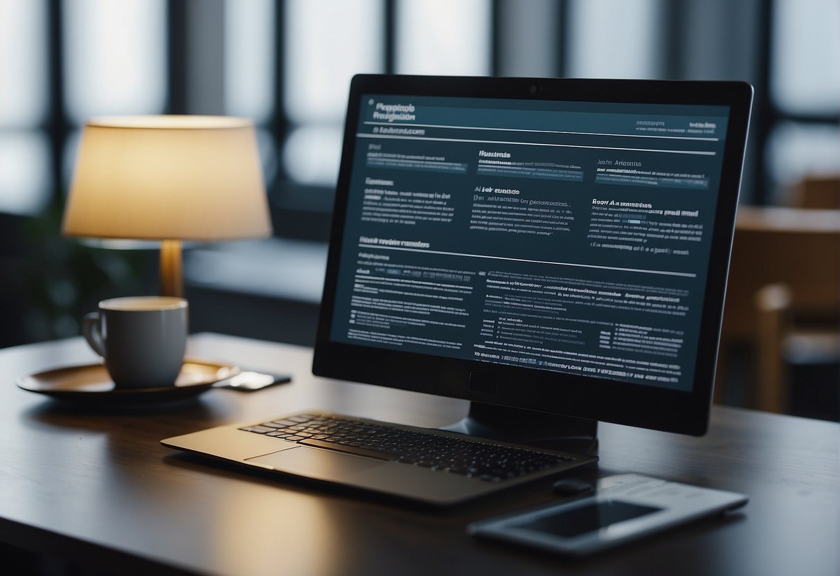 A computer screen displaying a job application process, with AI algorithms sorting through resumes and automating candidate evaluations