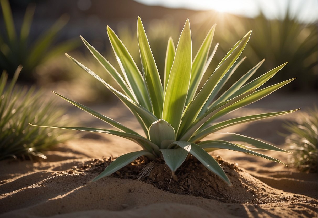 A yucca plant grows in a well-drained, sunny area with sandy soil. It is watered sparingly and fertilized monthly during the growing season