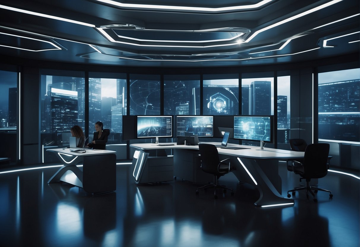 A futuristic office setting with digital screens and advanced technology aiding in the recruitment process