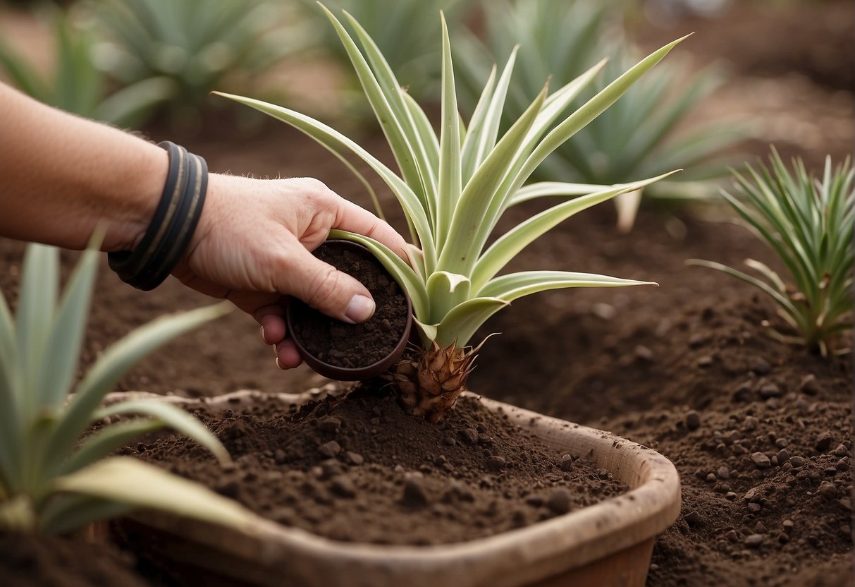 Yucca plants being carefully dug up and placed into new pots with fresh soil