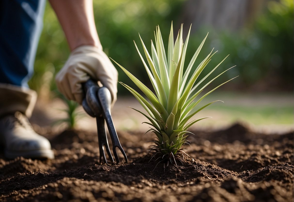 Yucca plants being carefully uprooted and transferred to new soil with gardening tools