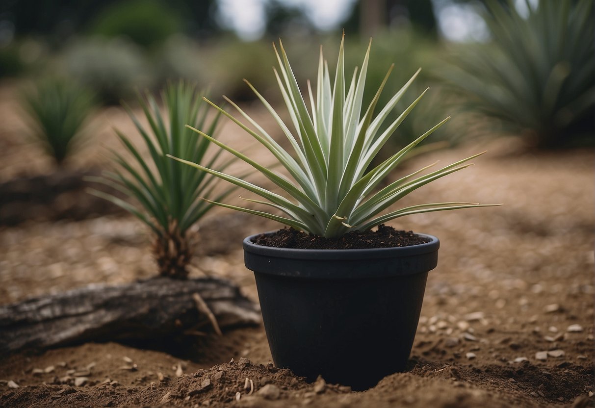 A yucca plant being carefully uprooted from the ground, placed in a pot, and transported to a new location