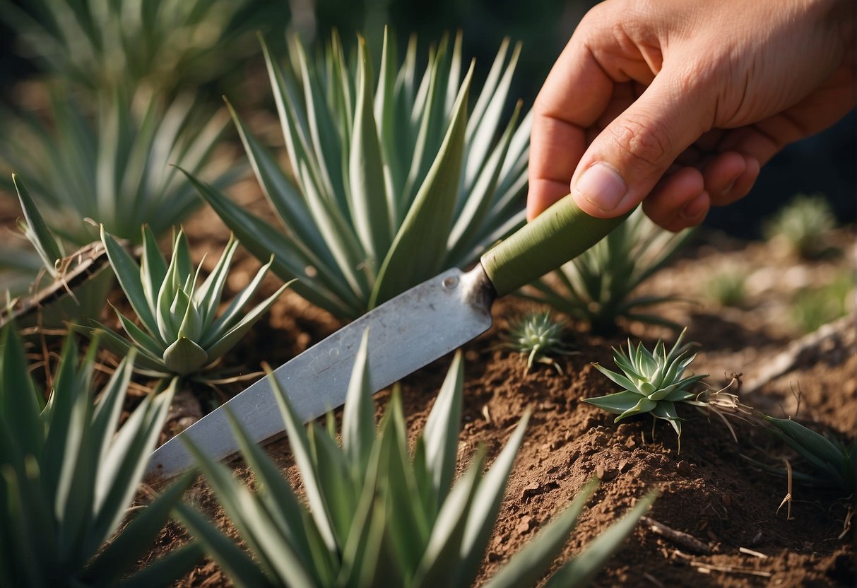Yucca plants being separated with a sharp gardening tool