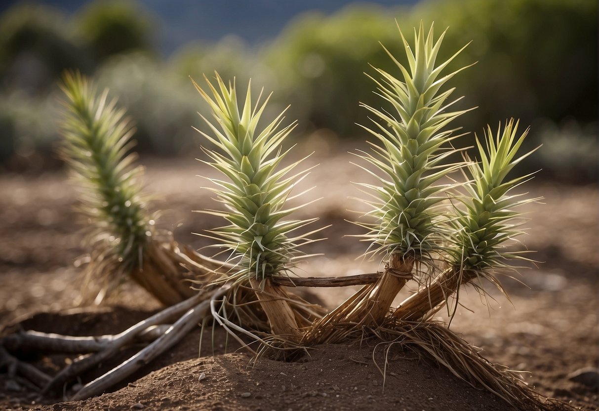 Two yucca plants being carefully pulled apart, roots and stems visible