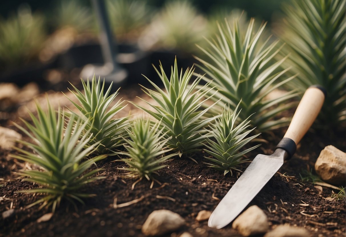 Yucca plants being carefully separated with gardening tools