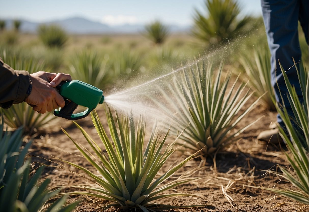A person spraying herbicide on yucca plants