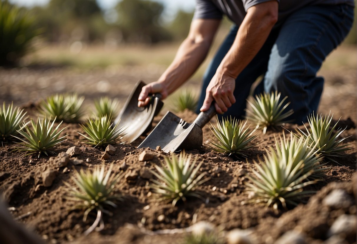 A person using a shovel to dig up yucca plants from the ground, with a pile of discarded plants nearby