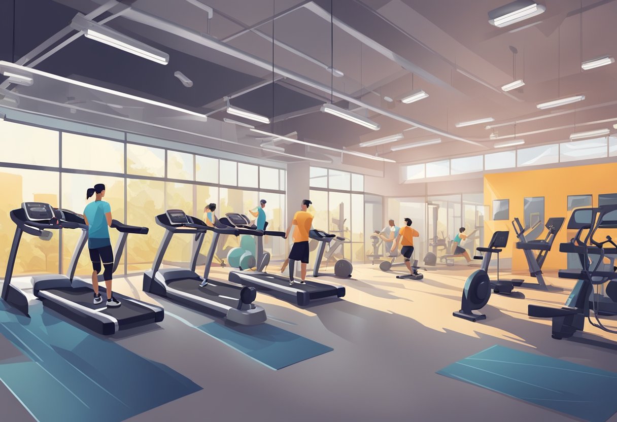 The gym is bustling with activity, filled with people working out and using various equipment. The atmosphere is energetic and motivating, with upbeat music playing in the background