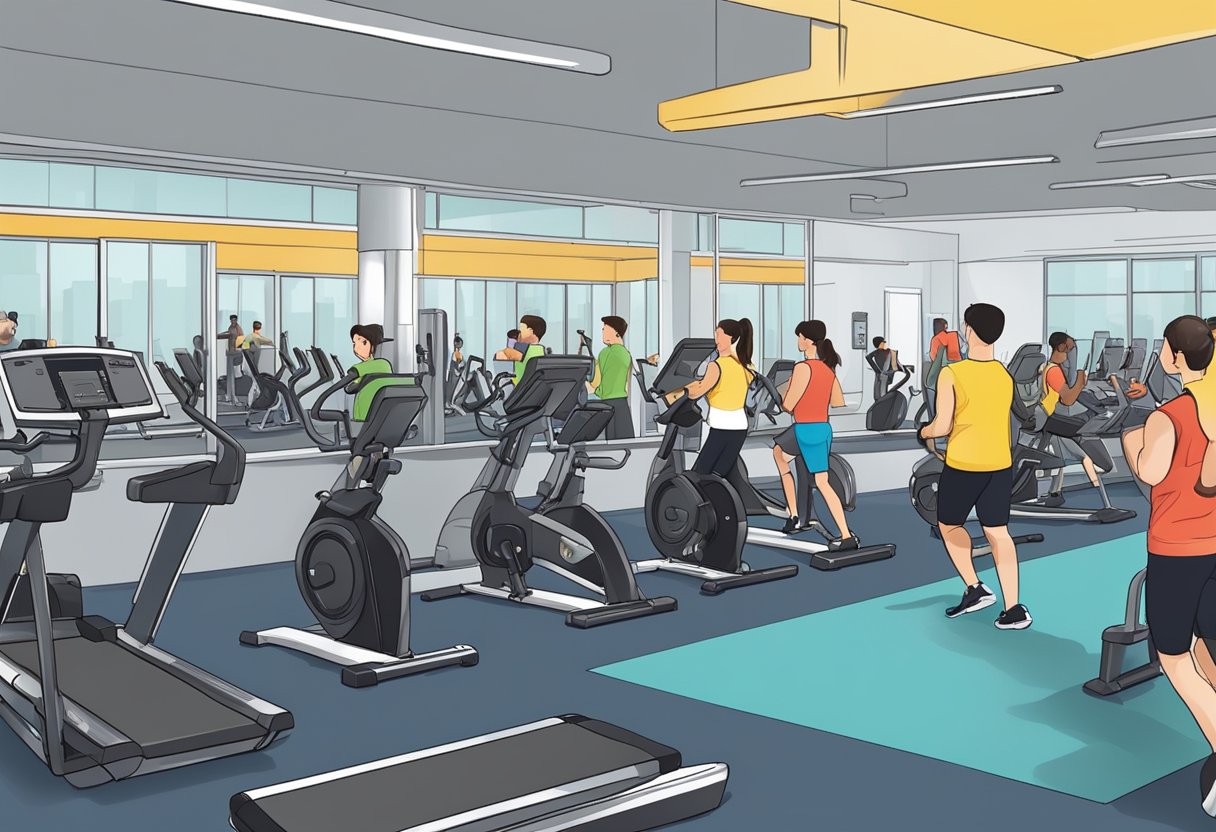 The gym is bustling with activity, with people moving between the various workout stations. The weights area is particularly busy, while the cardio machines have a steady flow of users throughout the day