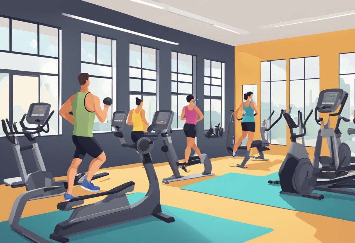 People exercising at the gym, with equipment and workout stations arranged to match their fitness goals