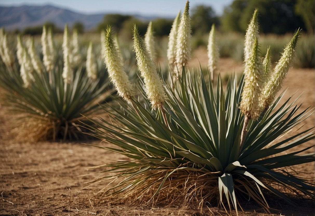 Yucca plants are being harvested and maintained in a farm setting. The scene includes mature yucca plants being tended to and harvested for their crops
