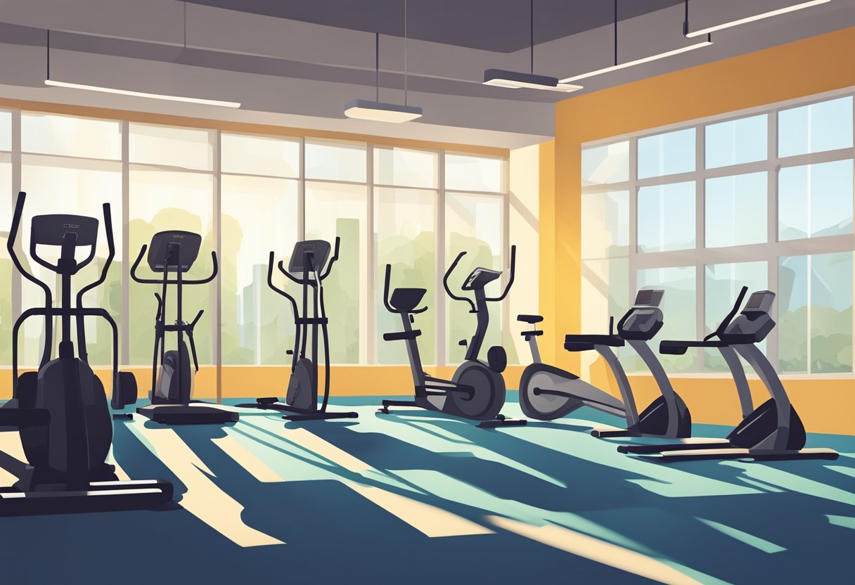 A bright morning sunlight streams through the gym windows, casting long shadows on the empty workout floor. The clock on the wall reads 6:30 am, signaling the perfect time for a consistent gym visit