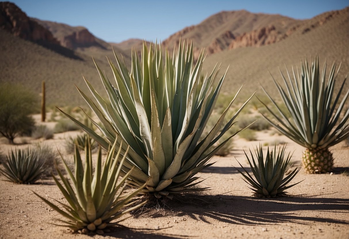 Yucca plants in a desert landscape, surrounded by rocky terrain and cacti. A small farm plot with rows of yucca plants growing under the hot sun