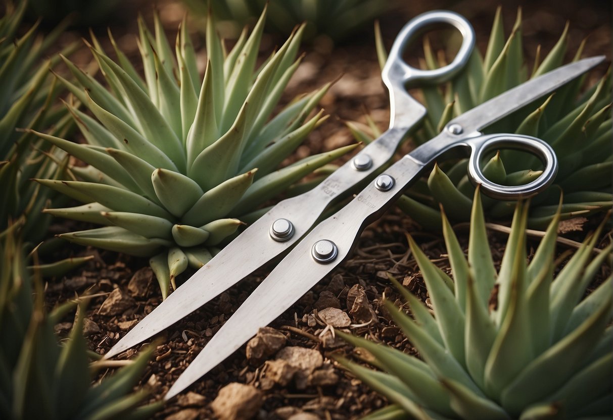 A pair of gardening shears trims back the spiky leaves of an outdoor yucca plant, with a pile of cuttings on the ground