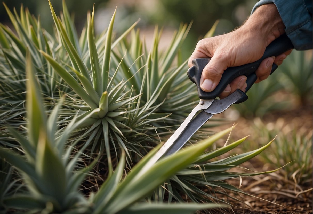 Outdoor yucca plants being pruned with sharp shears, removing dead leaves and cutting back overgrown stems