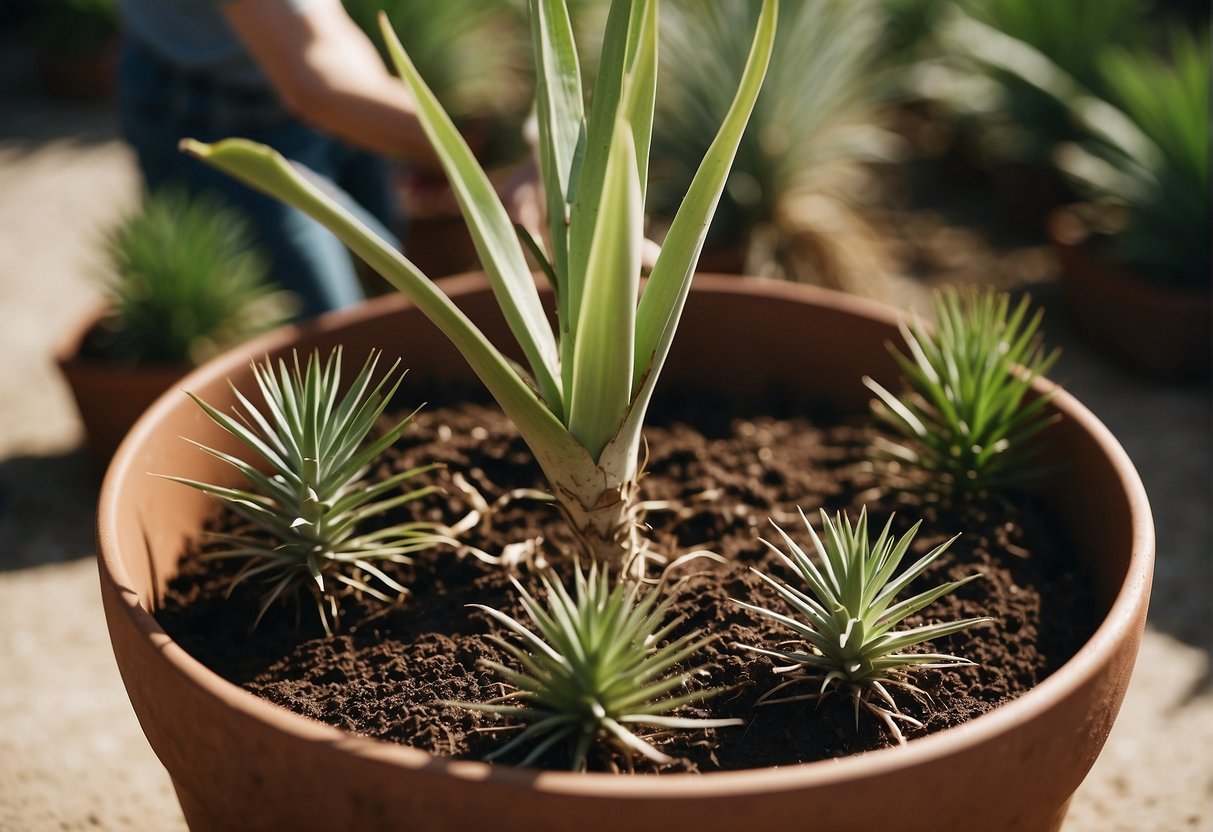Yucca plants being dug up, roots exposed, and carefully placed into new soil in a larger pot