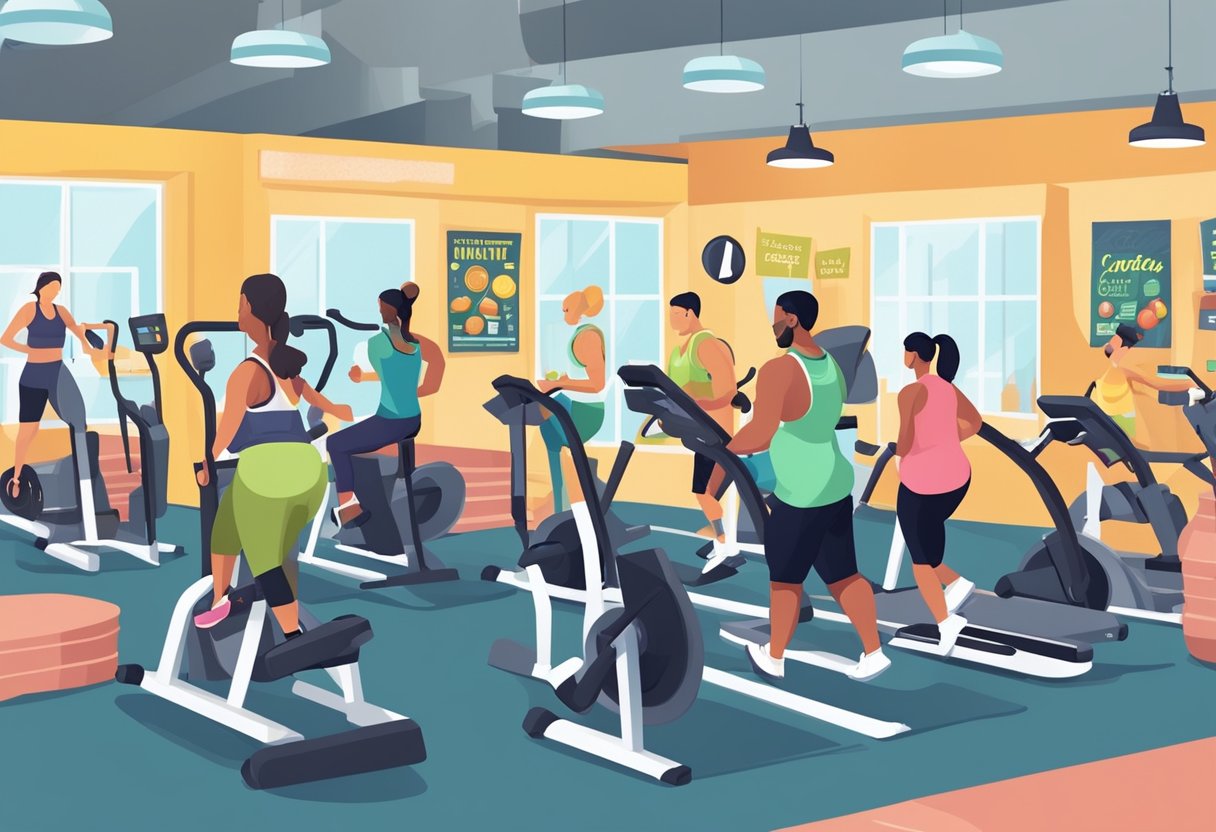 People exercising with weights and cardio machines in a gym, surrounded by posters and signs promoting nutrition and diet for weight loss