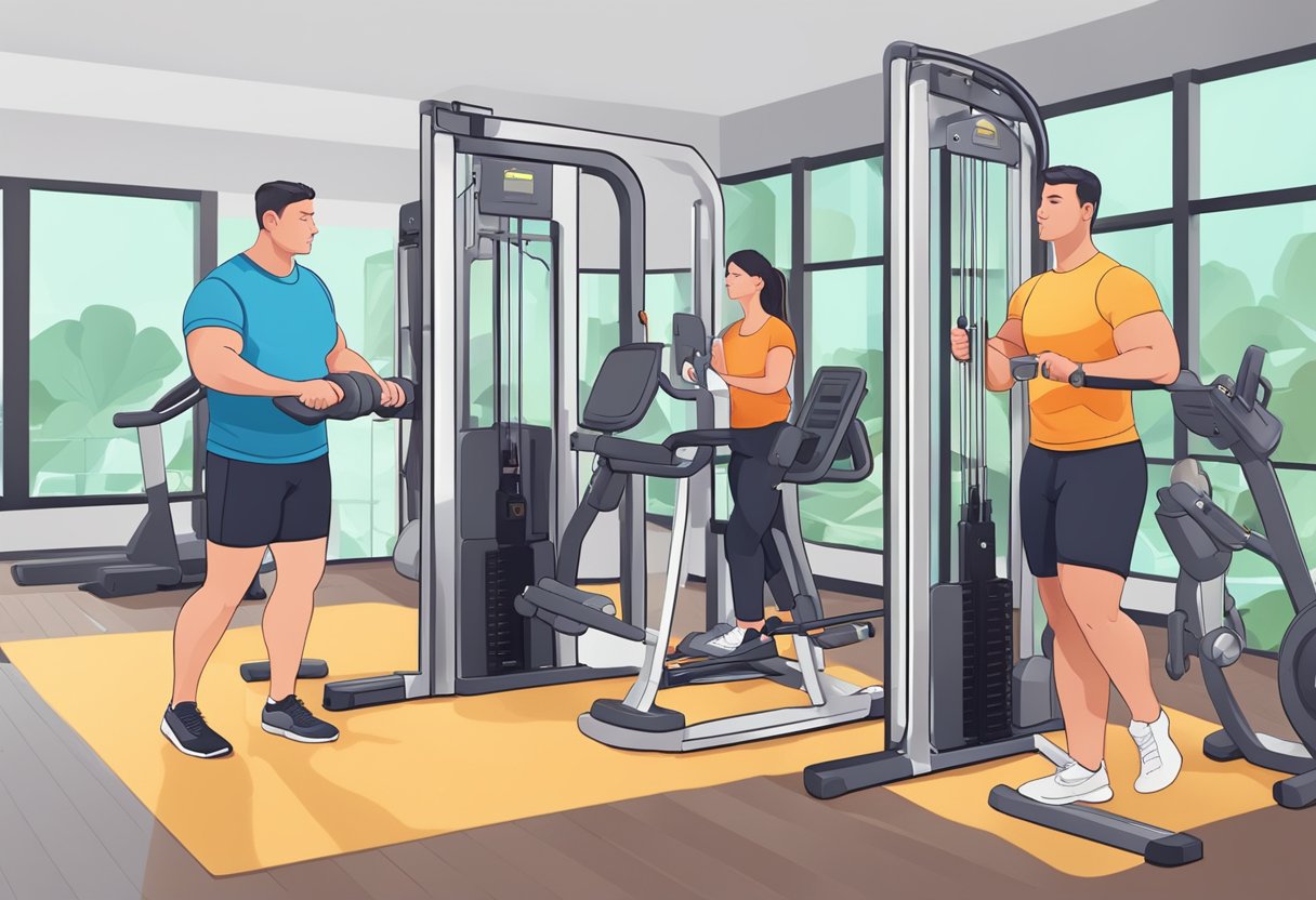 People tracking progress on gym equipment, adjusting settings for weight loss