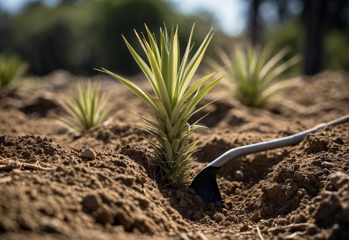 Yucca plants being uprooted and removed from the ground with a shovel