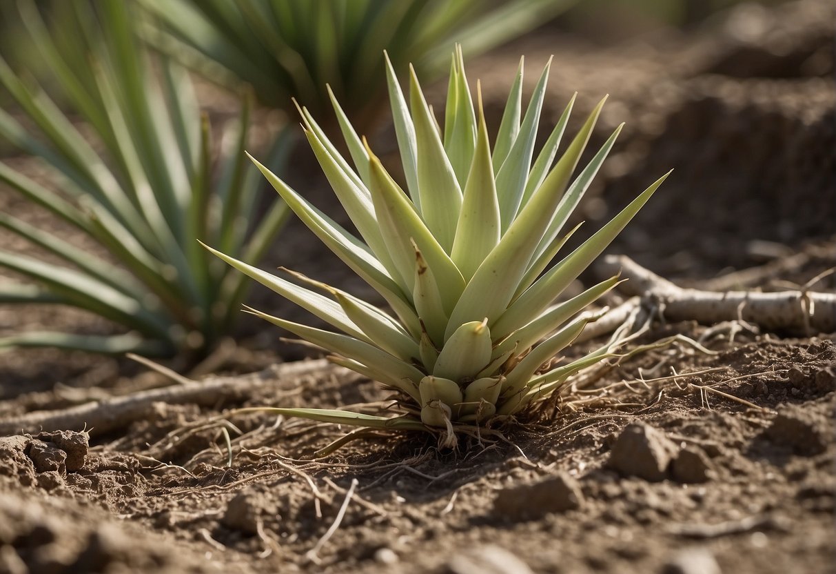 A yucca plant being uprooted and removed from the ground, with its roots and stem clearly visible
