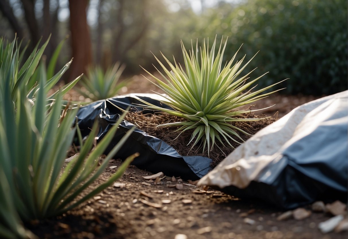 Yucca plants being uprooted and disposed of in a trash bag