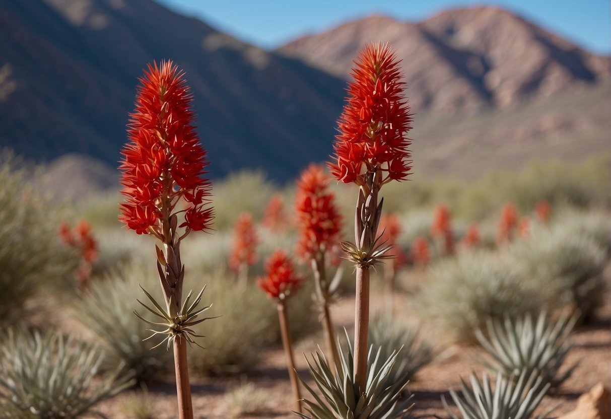 Red yucca plants bloom for several months in Arizona, with tall stalks of vibrant red flowers swaying in the desert breeze against a backdrop of rugged mountains and clear blue skies