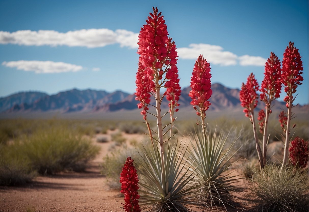 Red Yucca blooms in Arizona, with tall stalks of vibrant red flowers reaching towards the bright blue sky. The desert landscape provides a stunning backdrop for the blooming season