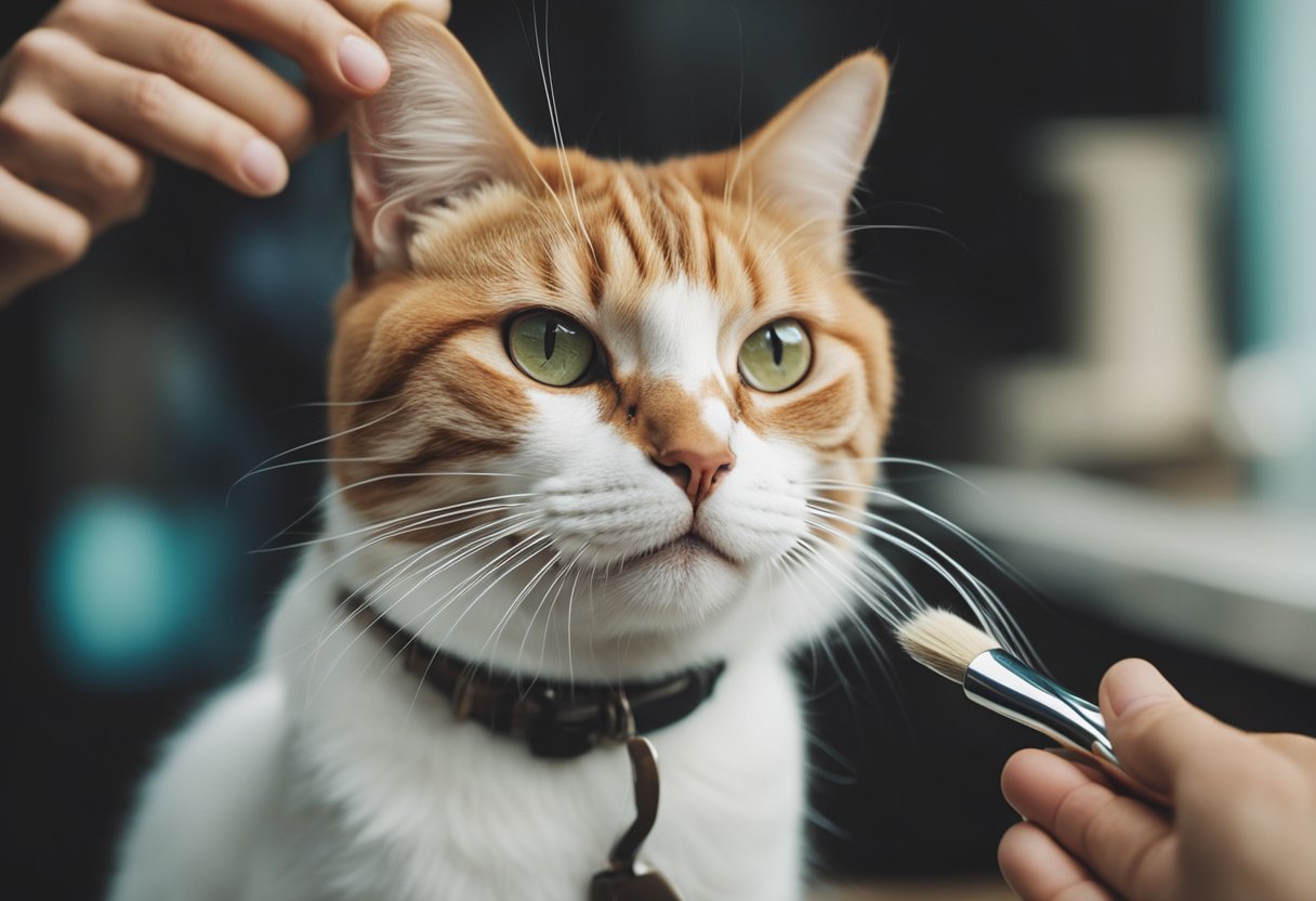 A cat being groomed by a hand holding a brush, with the cat looking content and relaxed